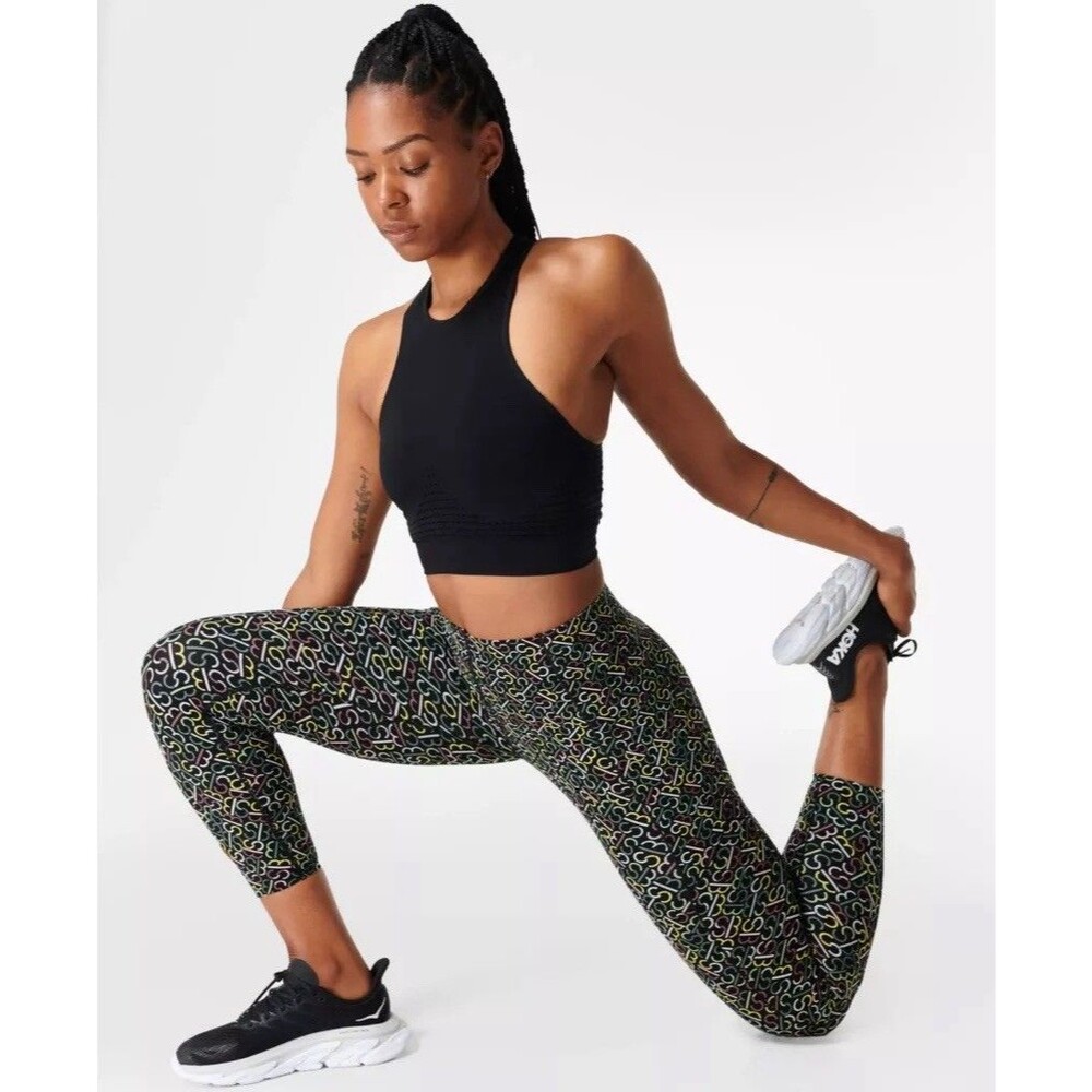 Sweaty Betty Power Leggings Women's Small 7/8 Length Black Multicolor Logo Print